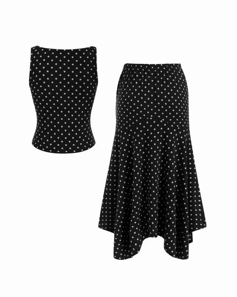 Boat Neck Polka Dot Top & Ruffle Hem Mid Rise Skirt Set