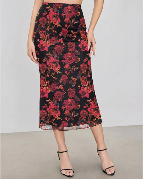Mesh Mid Rise Floral Maxi Skirt