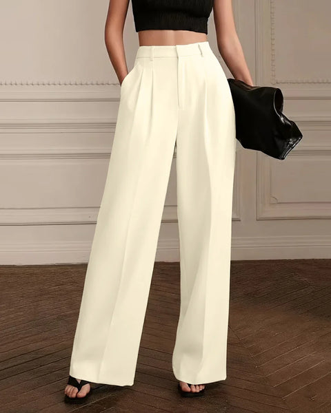 Solid Color Straight-Leg High-Waisted Slant Pocket in Beige