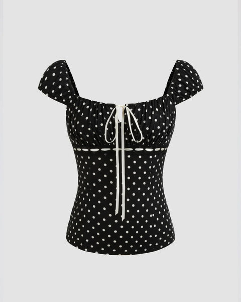 Square Neck Polka Dot Knotted Short Sleeve Top