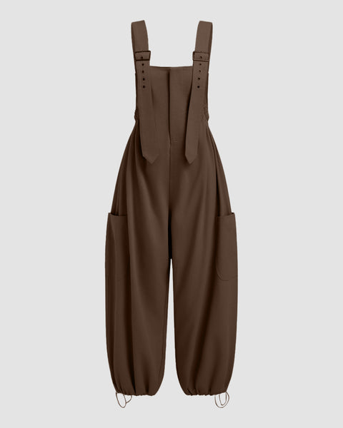 Square Neck Drawstring Wide Leg Jumpsuit in Brown