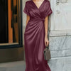 V-Neck Flared Hem Short Sleeve Frilled Waist Midi Satin Dress in Maroon