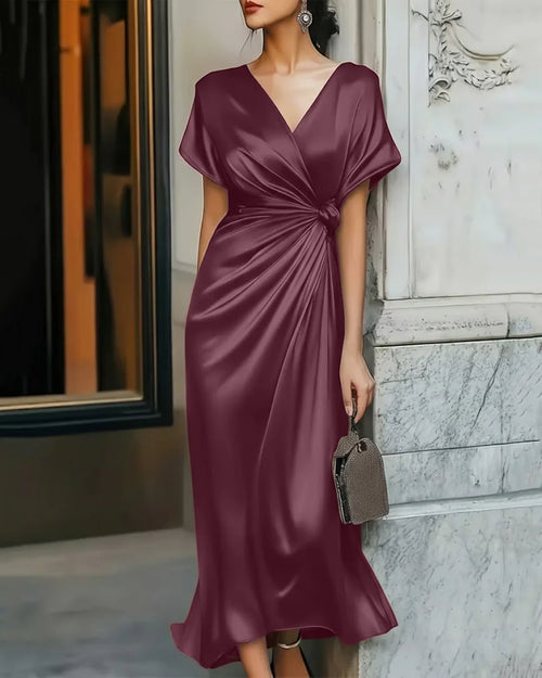 V-Neck Flared Hem Short Sleeve Frilled Waist Midi Satin Dress in Maroon