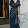 V-Neck Flared Hem Short Sleeve Frilled Waist Midi Satin Dress in Navy Blue