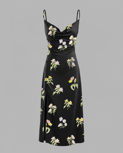 Cowl Neck Sleveless Floral Straight Hem Midi dress