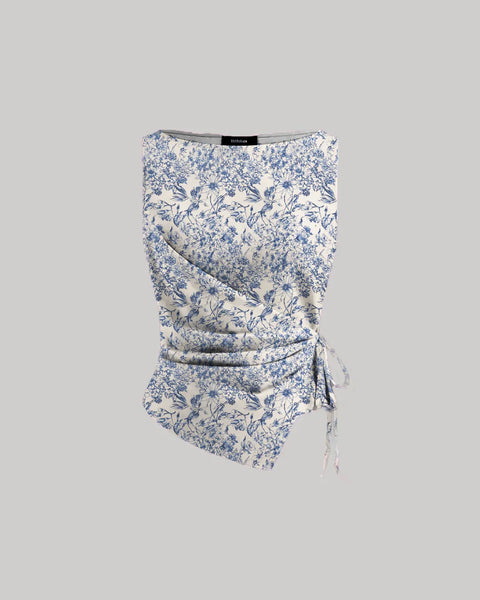 Boat Neck Asymmetrical Hem Floral Sleeveless Top in Blue