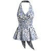 Halter Neckline Stripe Bowknot Ruffle Hem Floral Top