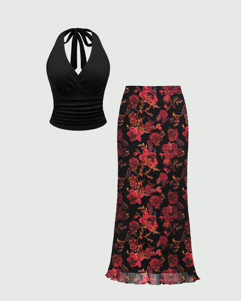 Halter Neck Slim Fit Flounce Hem Top and Floral Print Sleeveless Maxi Skirt