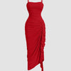 Straight Neck Slim Fit Asymmetrical Hem Pleated Sleeveless Midi Dress in Dark Red