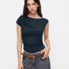 Asymmetrical Neck Bowknot Cinched Waist Top in Navy Blue
