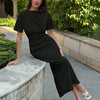 High Neck Slim Fit Solid Short Sleeve Midi Dress in Black