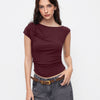 Asymmetrical Neck Bowknot Cinched Waist Top in Maroon