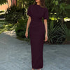High Neck Slim Fit Solid Short Sleeve Midi Dress in Purple