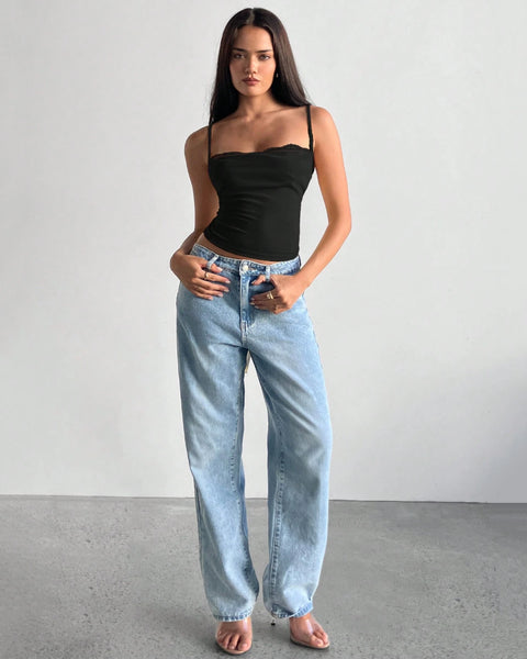 Plunge Neck Lace Trim Bow Knot Strap Top in Black