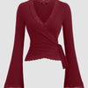 V-Neck Bell Sleeve Lace Trim Side Knot Top in Maroon