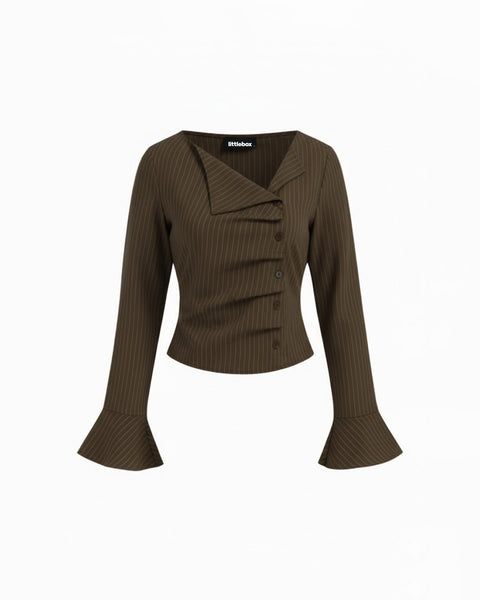 Stripe Asymmetrical Neck Ruffle Sleeve Ruched Top In Brown