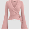 V-Neck Bell Sleeve Lace Trim Side Knot Top in Rose