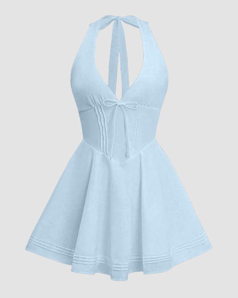 Deep V-Neck Bow Back Strap Waist Cinching Short Dress in Sky blue