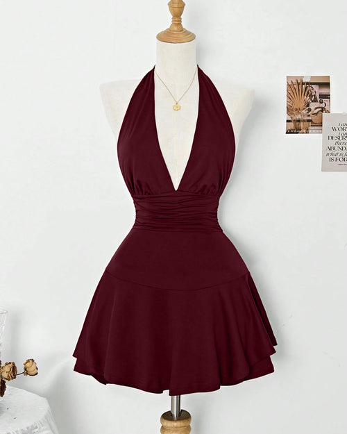 Halter Neck Slim Fit Short Mini Dress in Maroon