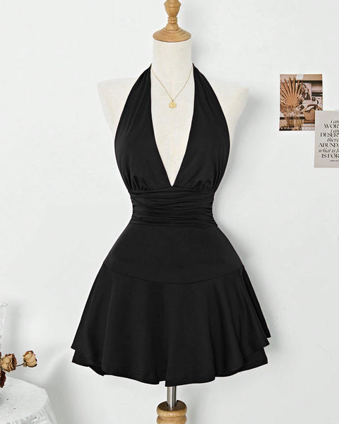 Halter Neck Slim Fit Short Mini Dress in Black