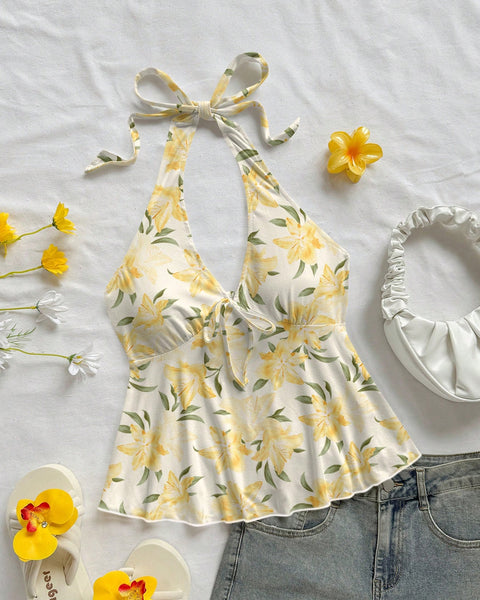 Casual V-Neck Bowknot Wrap Backless Floral Top