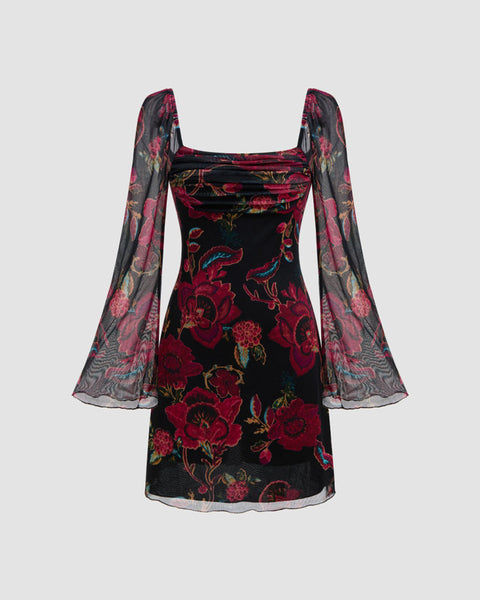 Square Neck Floral Lettuce Trim Ruched Mini Dress