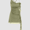 Mesh Asymmetrical Neck Ruched Applique Mini Dress in Herbal green