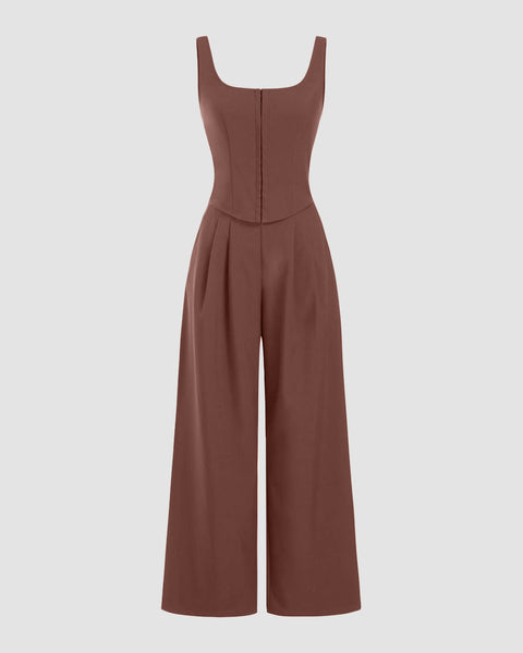 Square Neck Wide Leg Jumpsuit in Brown