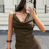 Neck Striped Asymmetrical Draped Collar and Metal Button Top in Brown