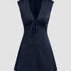 V-neck Ruched Knotted Tie Back Mini Dress in Navy Blue
