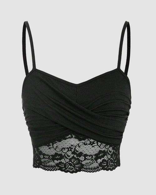 Lace Splicing Wrapped Cross Neck Camisole Top in Black