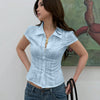 Slim Fit Short Sleeve Fitted Collared Top in Sky Blue