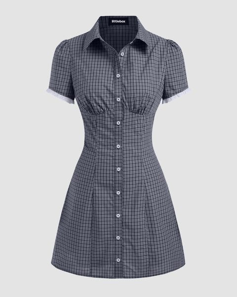 Shirred Collar Short Sleeve Checks Mini Dress