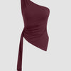Asymmetrical Neck Ruched Tank Top in Maroon