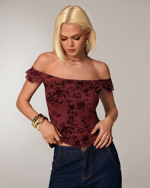 Vintage Floral Ruffle Sleeveless Top in Burgandy