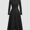 Round Neck Fit & Flare Solid Long Sleeve Midi Dress in Black