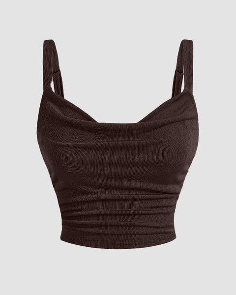 Ruched Cowl Neck Cami Top in Chocolate Fondue