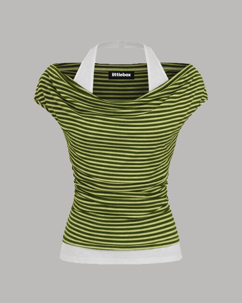 Striped Cowl Neck Ruched Short Sleeve Two Tone Layered Top in Green