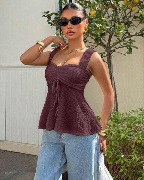 Knit Drawstring Sweetheart Neckline Top In Maroon