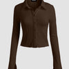 Texture Solid Bell Sleeve Crop Shirt in Coffee Brown
