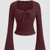 Tight Fitted Textured Lace Trim Tie Bow Design Flare Sleeve Top in Maroon