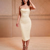 Fitted Pleated Mid-Length Slip Dress in Beige