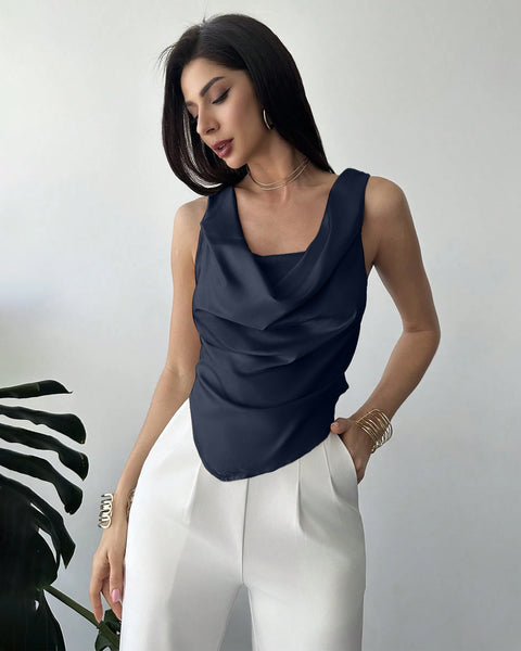 Cowl Neck Asymmetric Hem Fitted Tank Top In Navy Blue