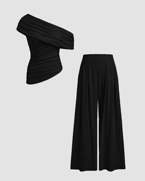 Asymmetrical Neck Ruched Top and Mid Rise Wide Leg Trousers Set In Black