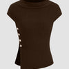 Boat Neck Asymmetrical Hem Metal Button Split Short Sleeve Top in Coffee Brown