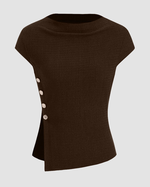 Boat Neck Asymmetrical Hem Metal Button Split Short Sleeve Top in Coffee Brown