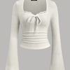 Tight Fitted Textured Lace Trim Tie Bow Design Flare Sleeve Top in White