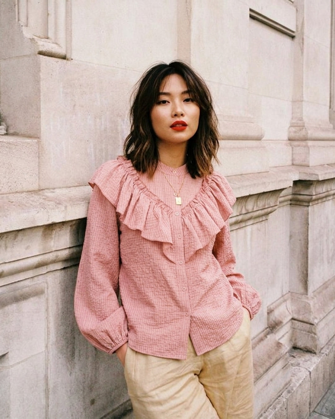 Striped Ruffle Shirt in Pink- Littlebox India