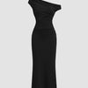 Asymmetrical Shoulder Ruched Waist Fit Dress in Black