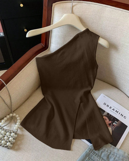 Sleeveless Side Slit Crop Top in Chocolate Fondue